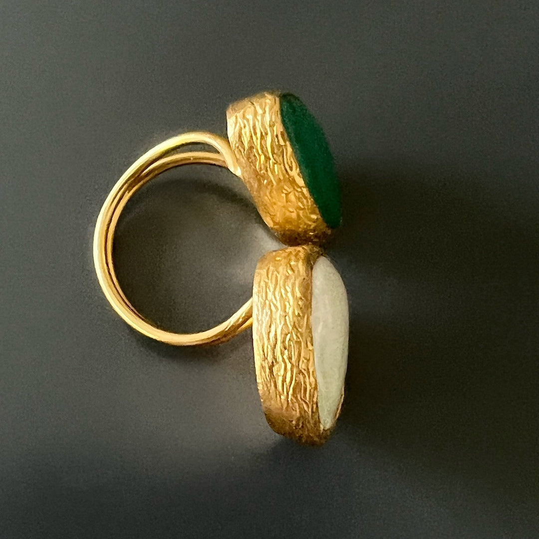Handcrafted Double Gemstone Gaia Ring showcasing the beauty of the gold plated pearl and vibrant jade stone.