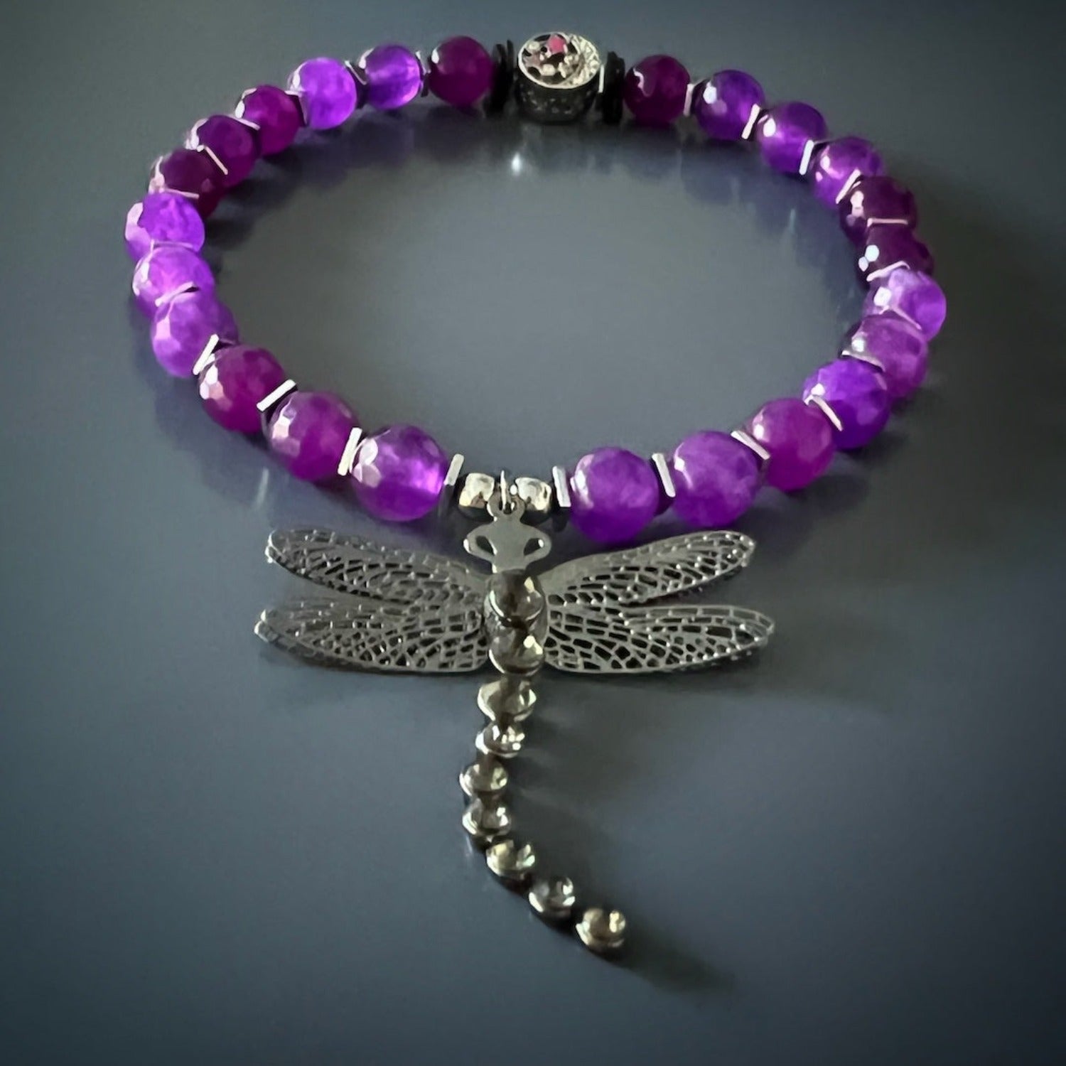 Unique Dragonfly Ankle Bracelet with silver accents and a powerful dragonfly charm.