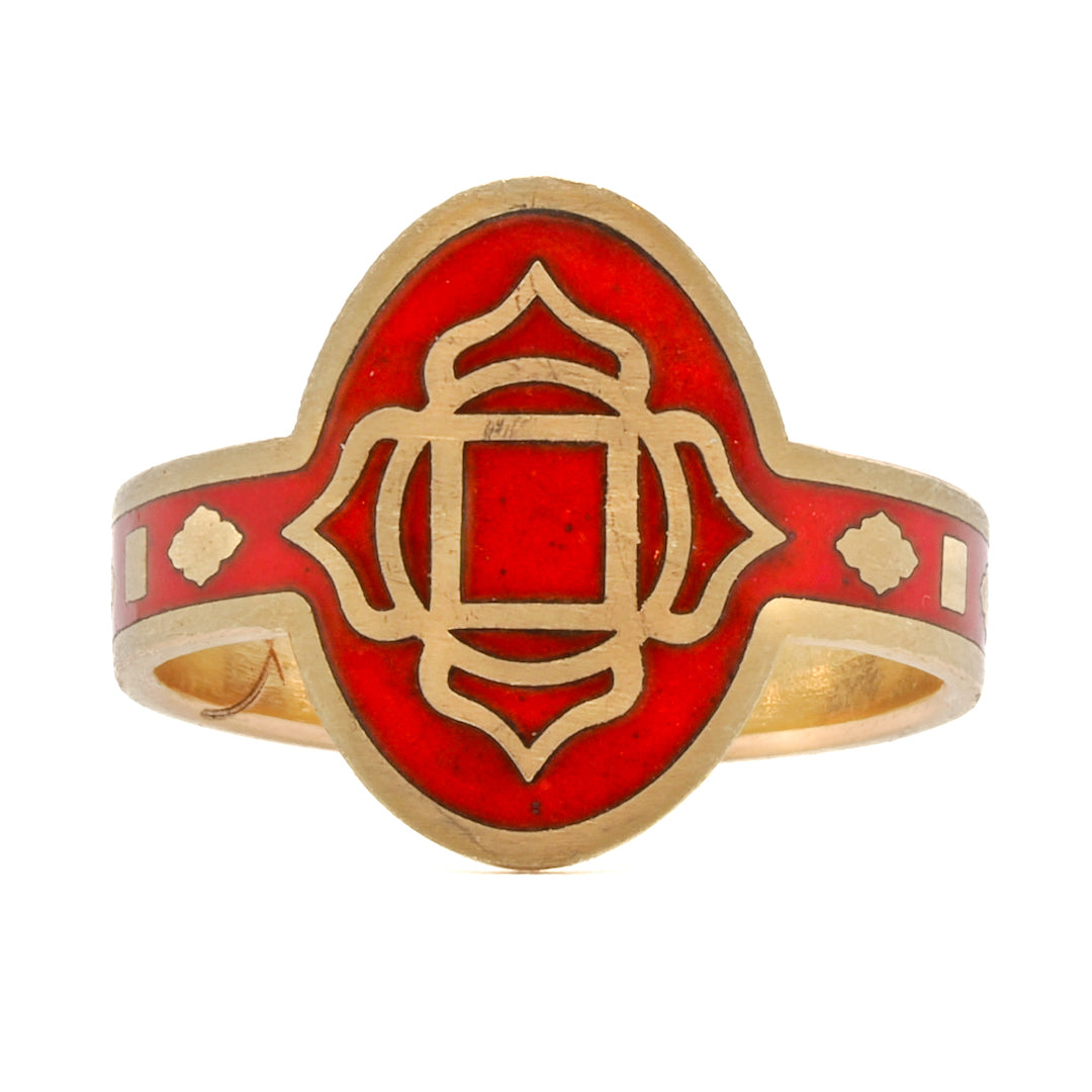 Enamel Chakra Ring - A unique and eco-friendly design featuring a recycled 14K yellow gold band adorned with vibrant red enamel, representing the energy and balance of the chakras.