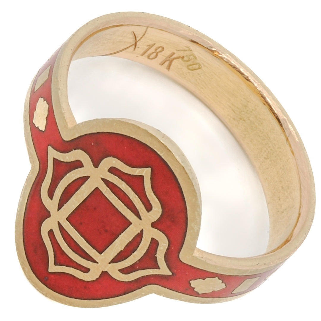 the Enamel Chakra Ring - A stunning blend of recycled gold and red enamel, symbolizing the harmonious flow of energy through the chakras, handcrafted to perfection for a one-of-a-kind piece of jewelry.