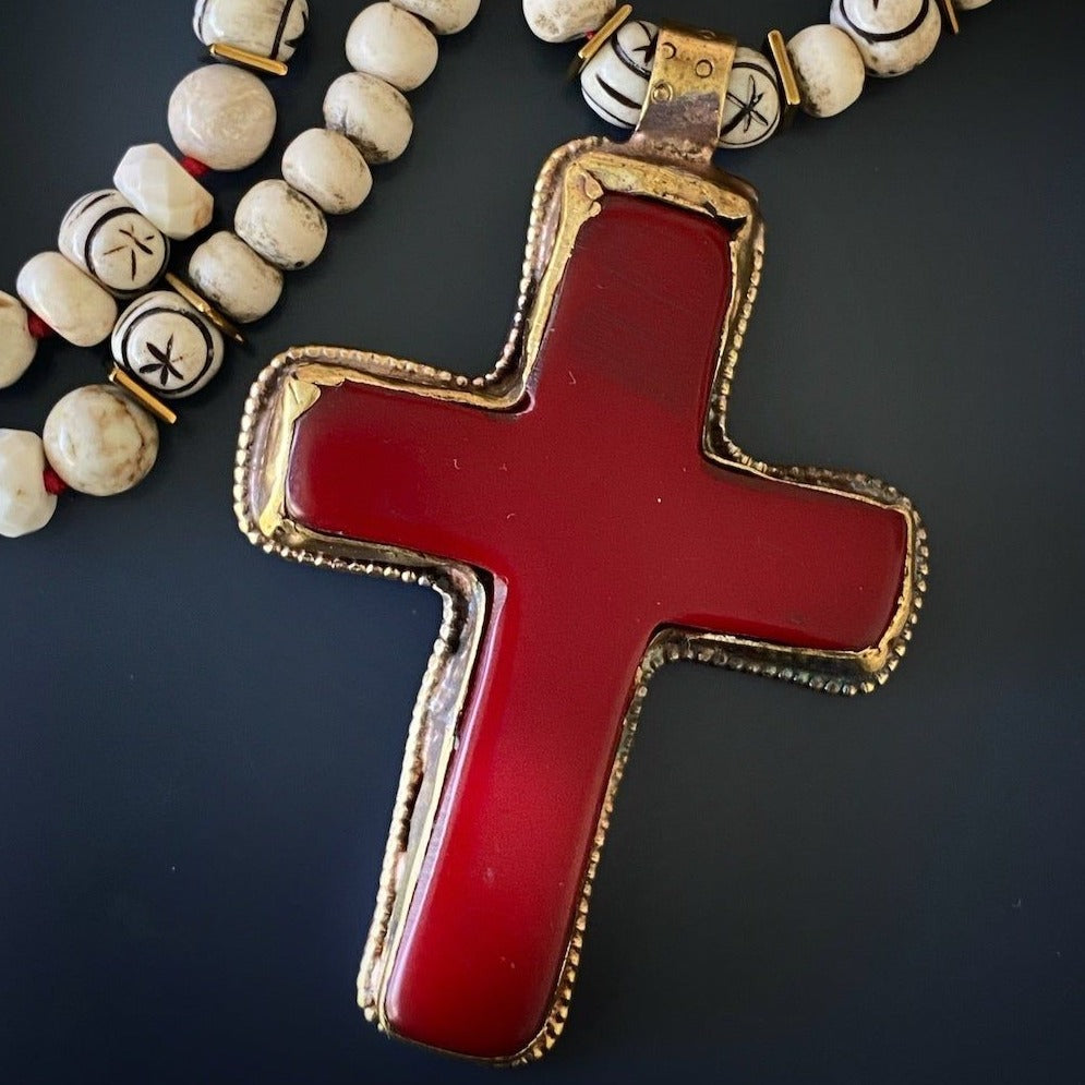Unique Red Cross Pendant Necklace - A close-up of the centerpiece of the Ethnic Red Cross Necklace, the unique red and gold Cross Pendant. 
