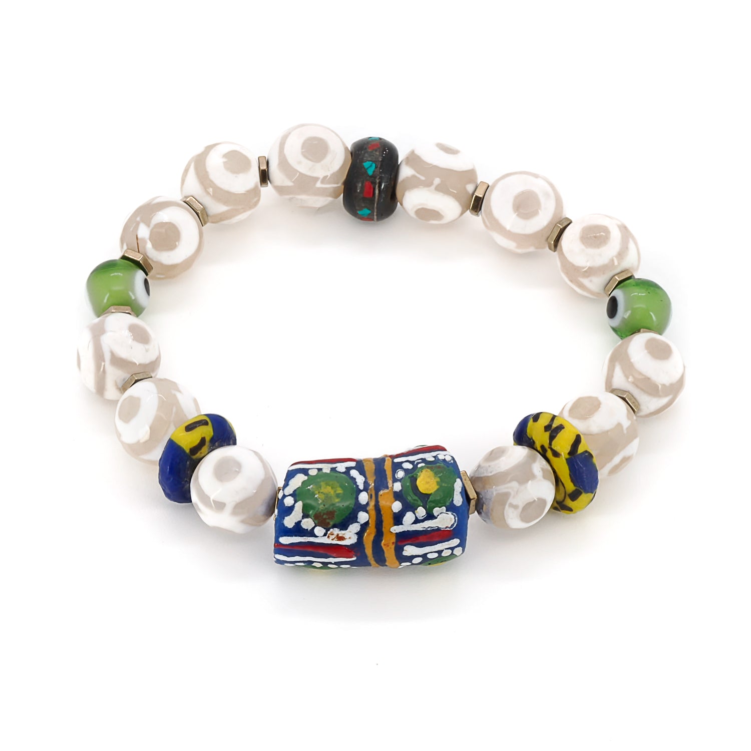 The Eye of Colors Bracelet, featuring white agate stone beads, hand-painted African beads, and green evil eye beads for protection and positive energy.