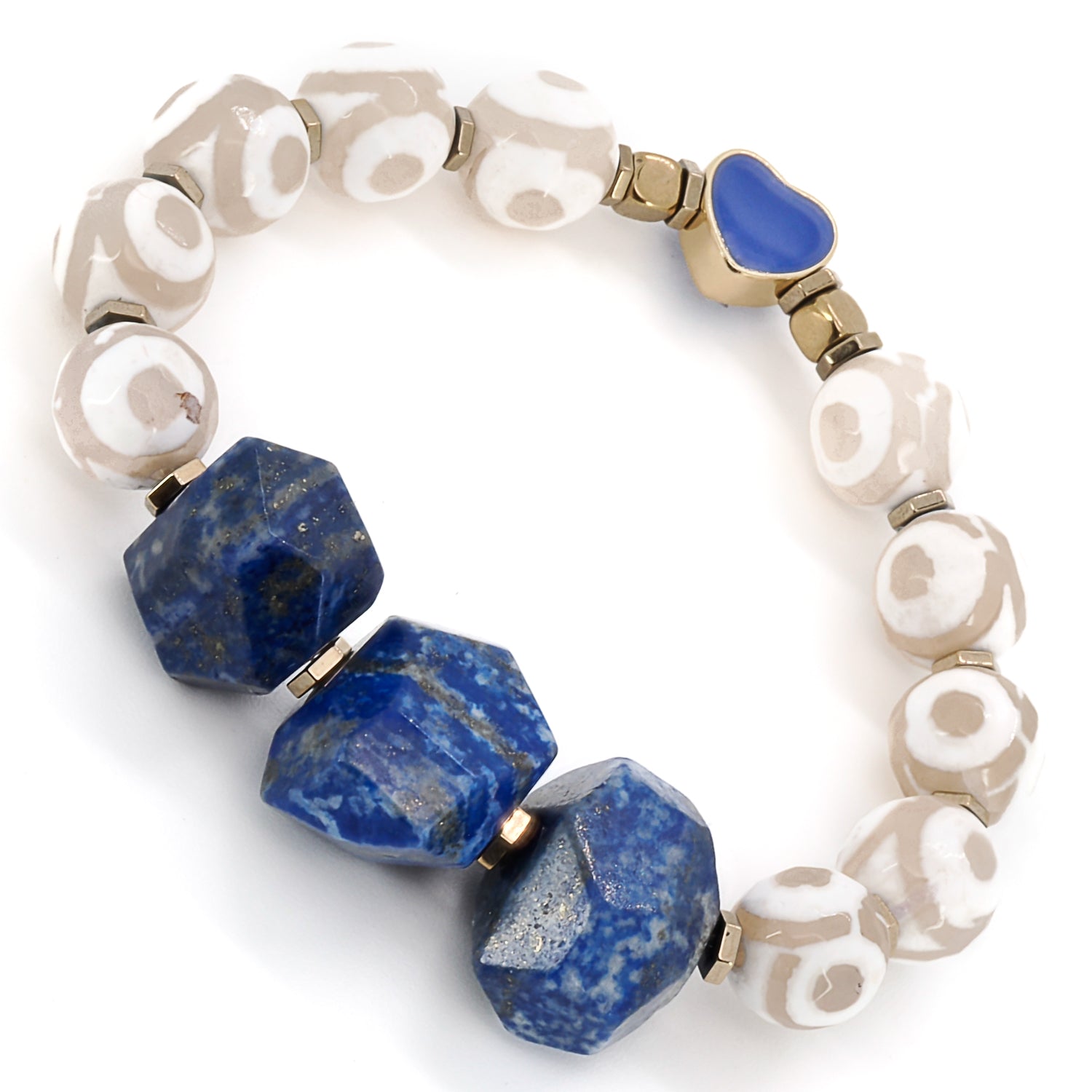 Striking Eye of Love Lapis Lazuli Bracelet - Handcrafted accessory featuring Lapis Lazuli, White Nepal agate, and a Gold plated blue enamel heart bead.