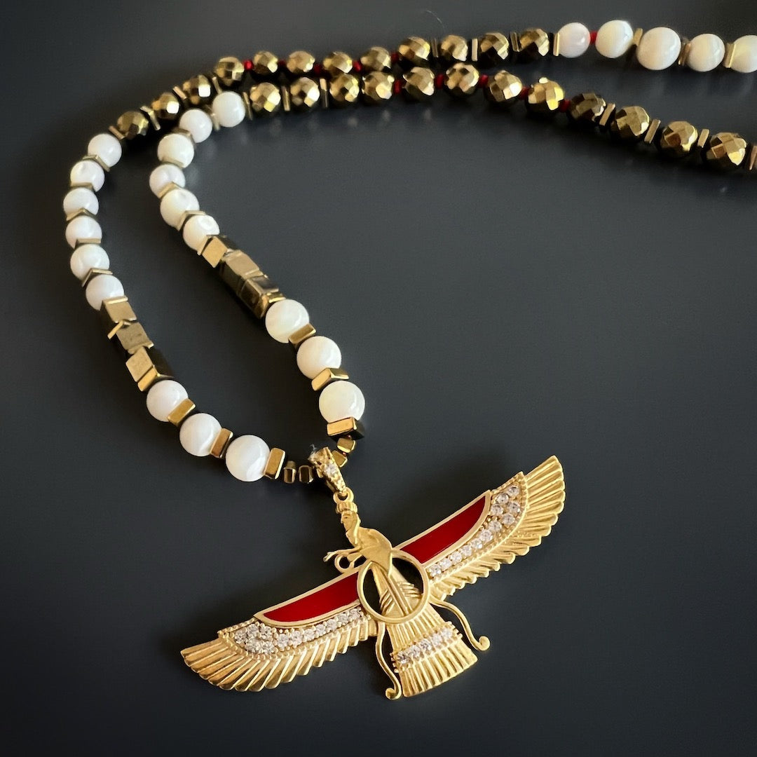 Meaningful Handmade Faravahar Necklace - Gold hematite and pearl stone beads with a divine Faravahar pendant, representing good thoughts, good words, and good deeds.