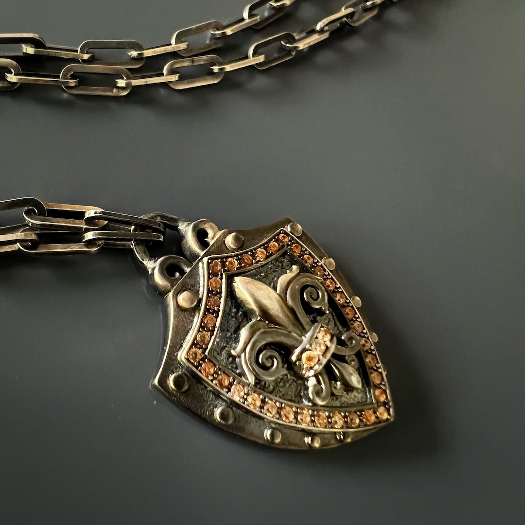 Unique Fleur de Lis Shield Pendant - Handmade necklace with a one-of-a-kind 925 silver pendant, symbolizing strength and boldness with its intricate design and zircon stones.