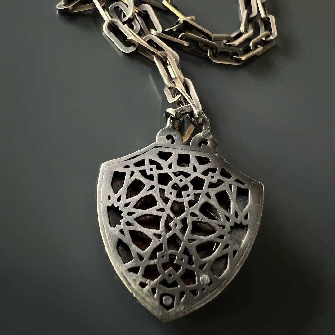 Fleur de Lis Shield Statement Necklace - Handcrafted jewelry with a bold and strong Fleur de Lis shield pendant, crafted from 925 silver and adorned with brown zircon stones