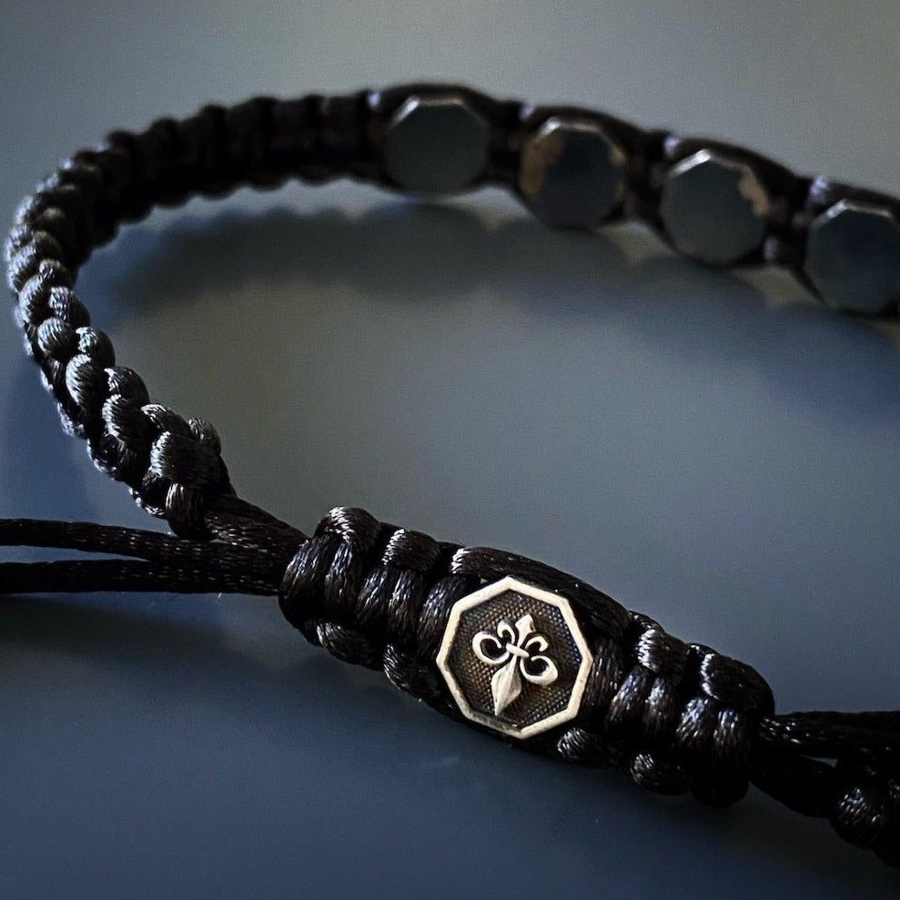 Stylish Fleur De Lis Men&#39;s Bracelet - Handmade accessory crafted with black jewelry rope and Sterling Silver Fleur De Lis charms, ideal for elevating your style