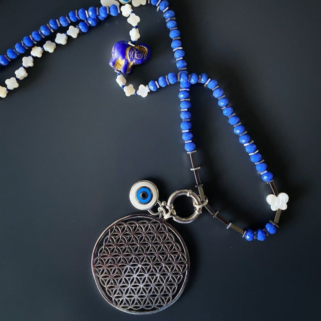 Stylish Flower of Life Necklace - Meticulously handcrafted accessory with pearl butterfly and flower beads, African elephant charm, and evil eye beads for protection and good fortune