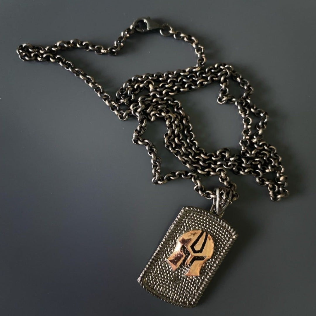 Masculine Gladiator Pendant Necklace - Handcrafted men&#39;s necklace with a sterling silver gladiator helmet pendant, embodying strength, power, and masculinity.