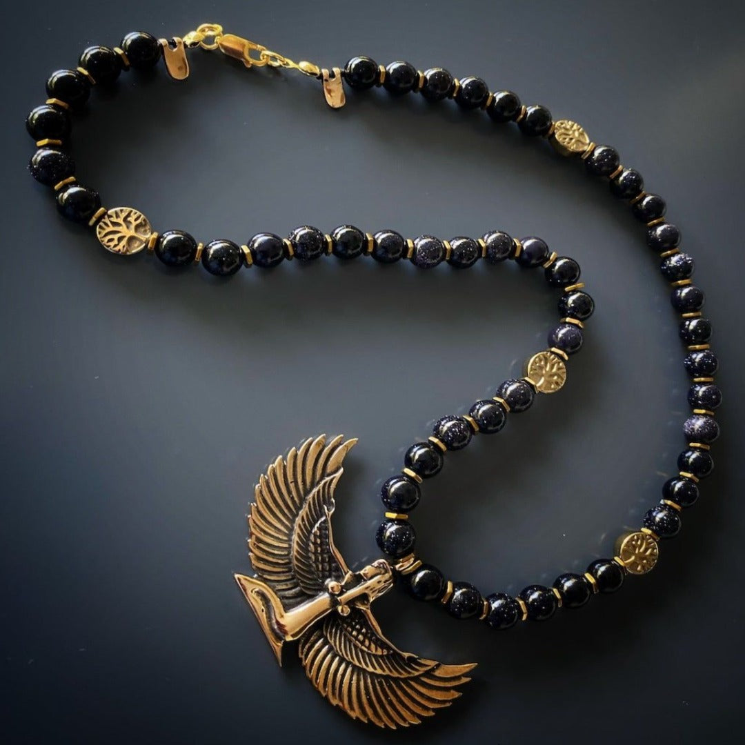 Goddess Isis Necklace with Gold Hematite and Tree of Life Beads, a stylish and meaningful piece for spiritual seekers.