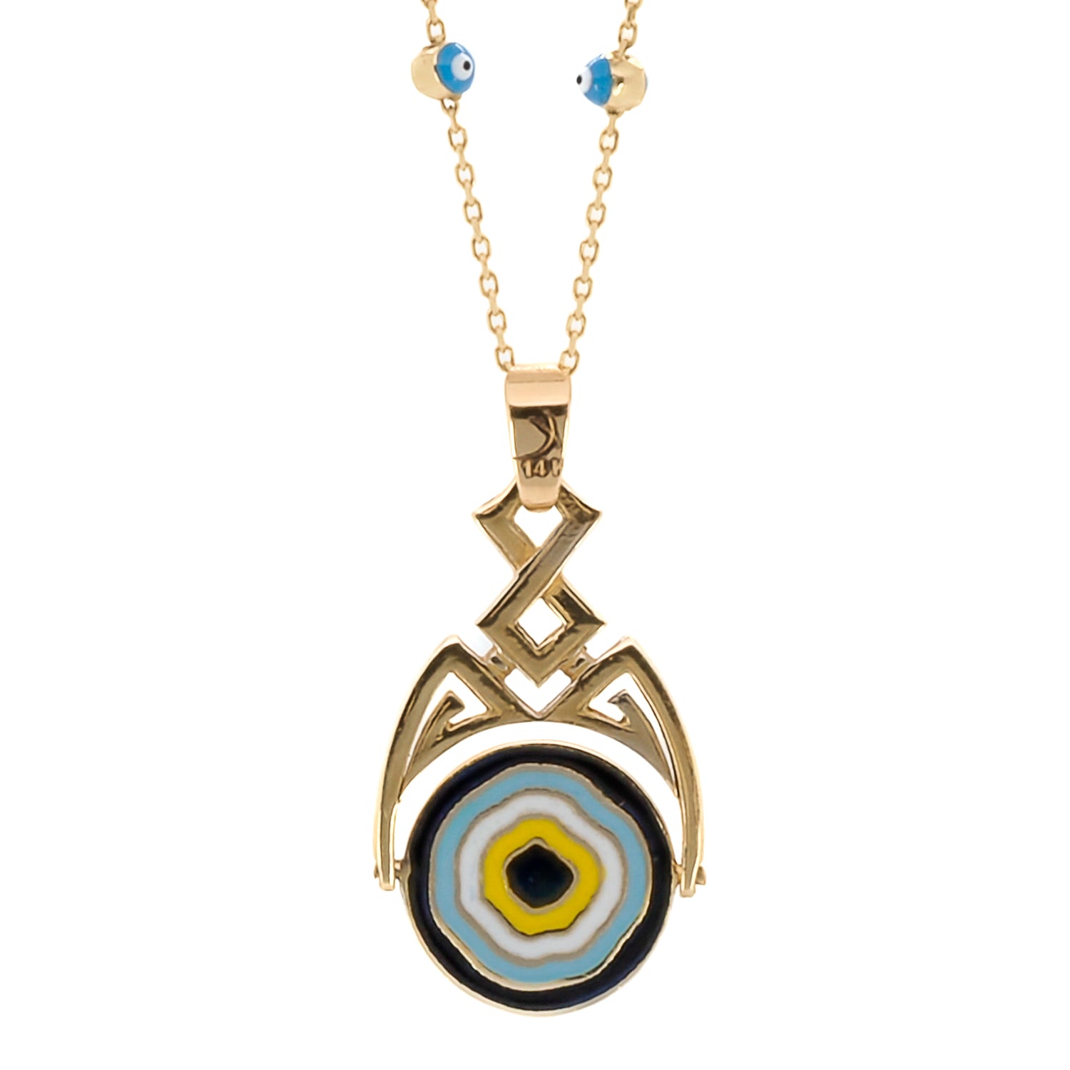 Gold and Diamond Evil Eye Necklace - A beautiful piece of jewelry crafted from 14k yellow gold, showcasing a lucky Evil Eye pendant with sparkling diamonds and vibrant enamel.