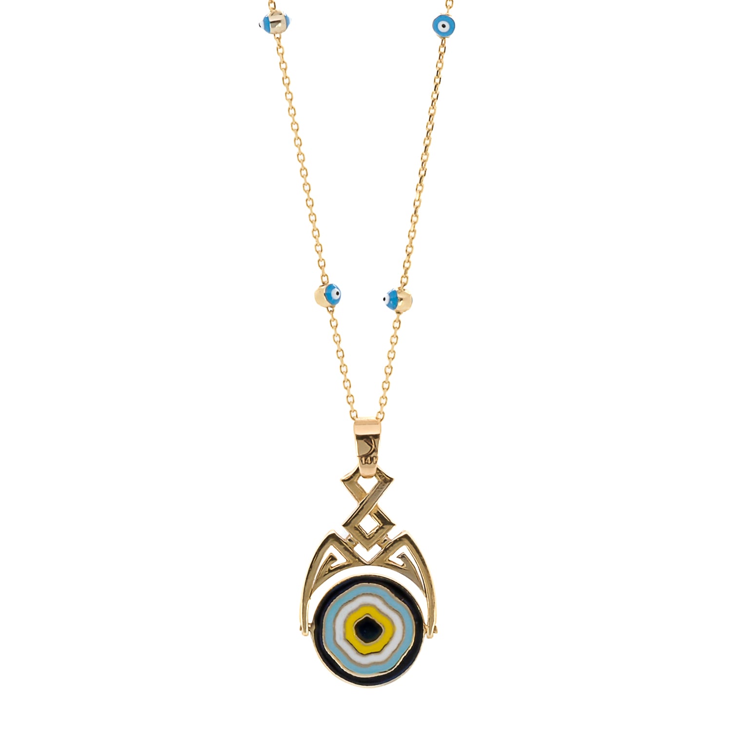 Gold and Diamond Lucky Evil Eye Necklace - Handmade 14k yellow gold necklace featuring a stunning pendant adorned with diamonds and blue and yellow enamel, symbolizing protection and good fortune.