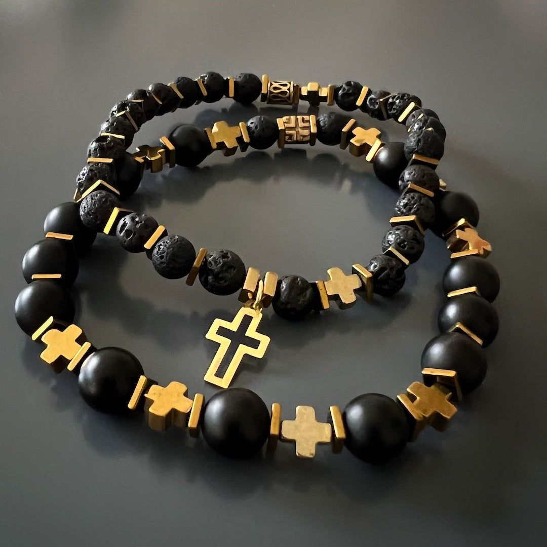 Handmade Gold Cross Bracelet Set - An image showcasing the stylish Gold Cross Bracelet Set, designed with Black Onyx Stone beads, Lava rock stone beads, and a gold color cross hematite bead. The combination of materials and colors creates a versatile and meaningful accessory.