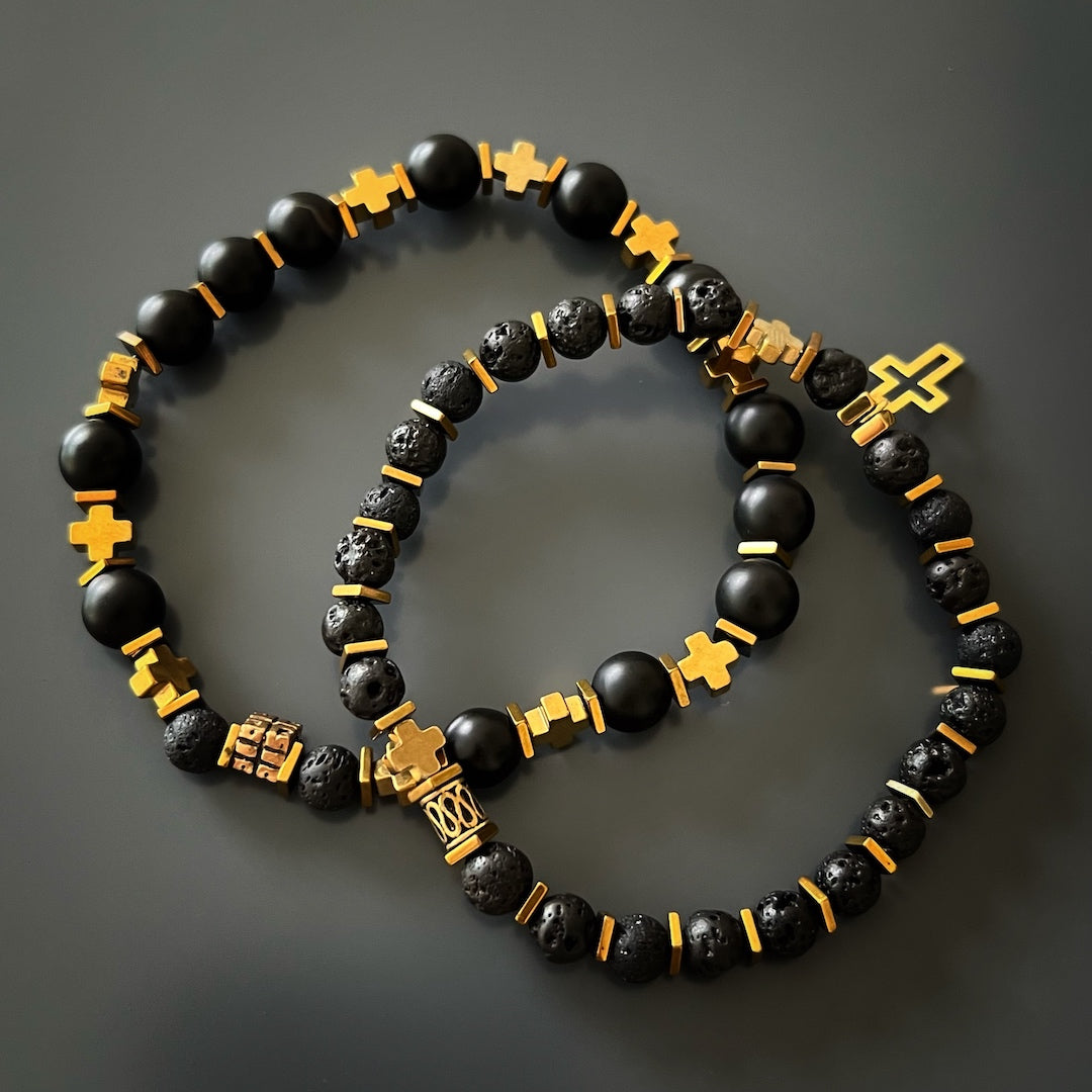 The bracelets&#39; blend of black, gold, and bronze elements creates a sophisticated and versatile look suitable for any occasion.