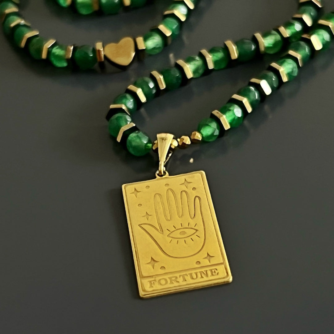 Tarot Fortune Card Pendant Necklace - A captivating image featuring the gold plated 925 Sterling silver Tarot Fortune Card pendant, adding a touch of mystique to the Good Fortune Tarot Necklace.
