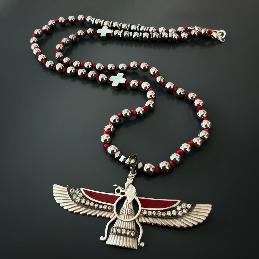 Handmade Faravahar necklace with silver color hematite beads