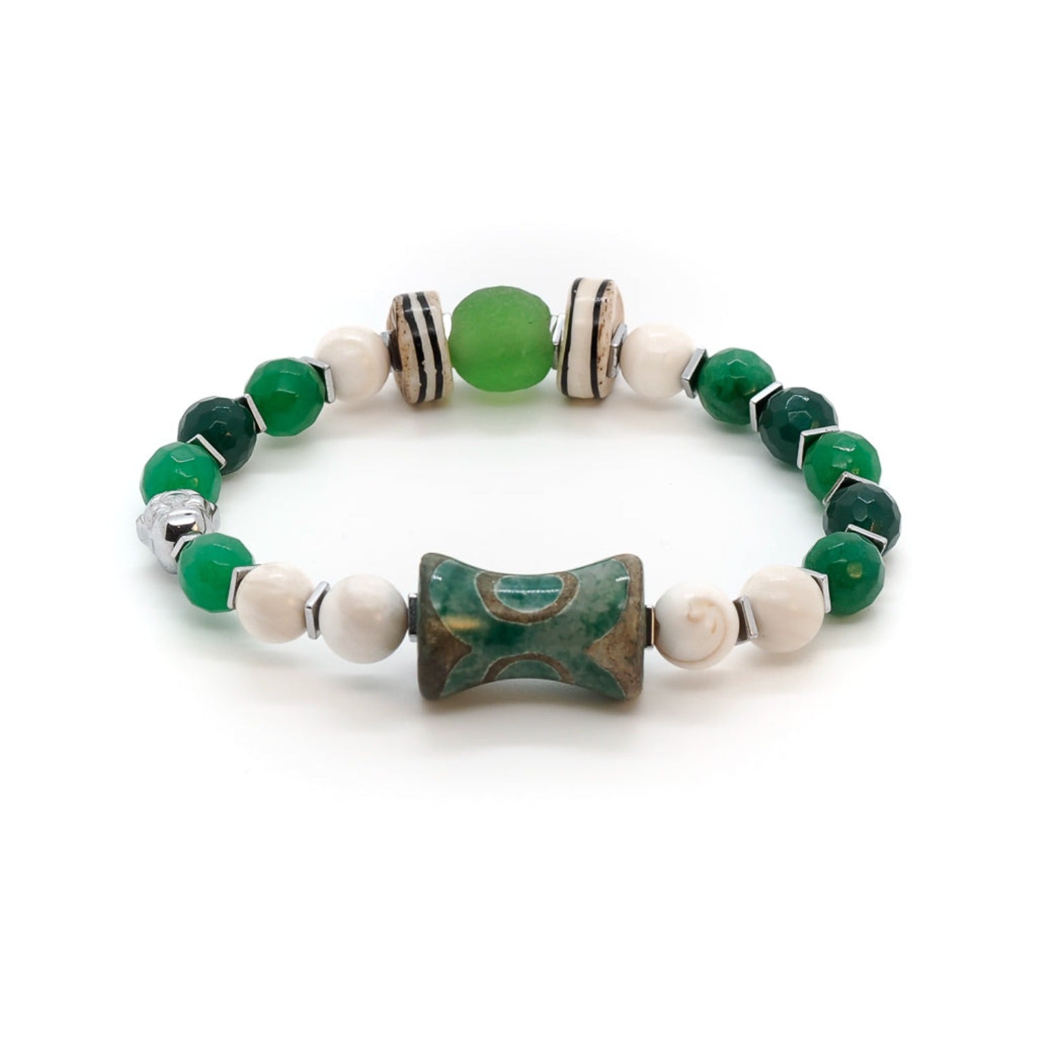Handmade bracelet featuring a silver color Hematite stone Buddha bead surrounded by White Nepal stone beads, Green Jade stone beads, and Nepal striped meditation beads, radiating a sense of mindfulness and spiritual well-being.