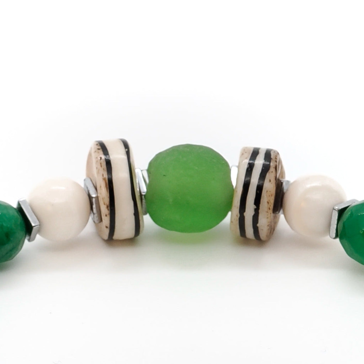 Handcrafted Green Buddha Bracelet showcasing meticulous attention to detail, featuring Nepal striped meditation beads and a captivating combination of Green Jade stone beads, White Nepal stone beads, and a silver color Hematite stone Buddha bead.
