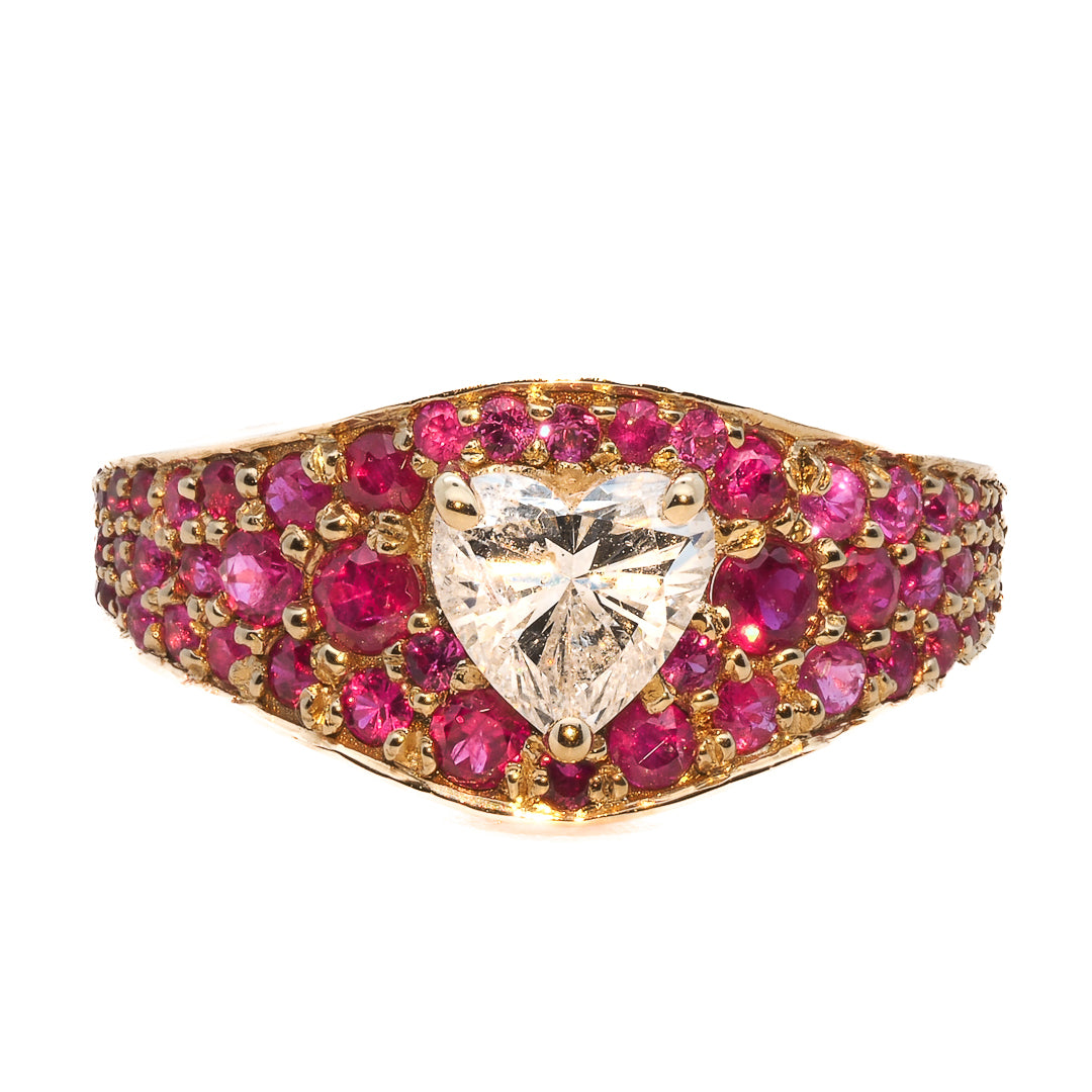 Handmade Heart Diamond Ruby Engagement Ring featuring natural rubies and diamonds in 18K yellow gold.