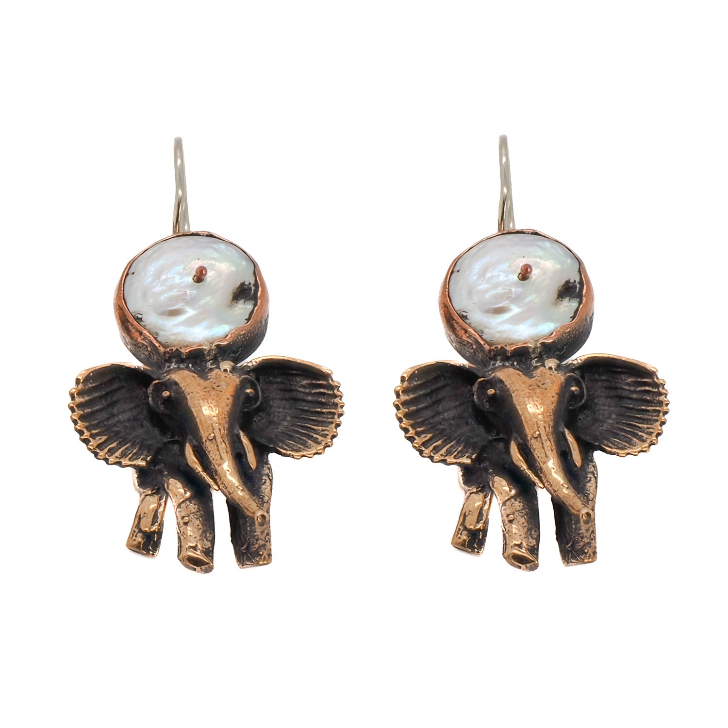 Close-up of the Handmade Unique Spirit Elephant Earrings, showcasing the intricate bronze elephant design and the lustrous pearl gemstone accent.