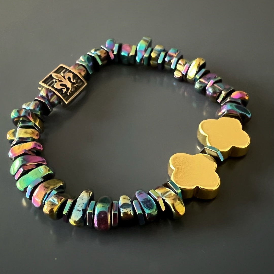 The Hematite Floral Bracelet, showcasing its multicolor nugget Hematite stone beads and gold Hematite floral beads.