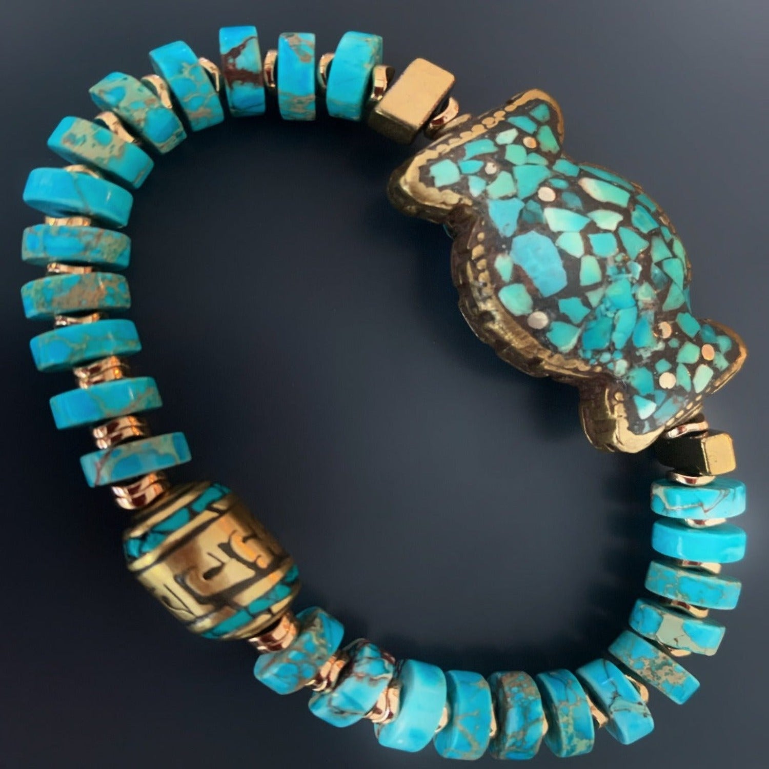 Large antique gold plated mosaic turquoise bead as centerpiece