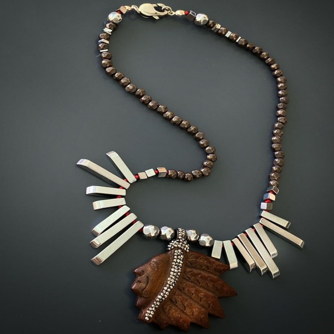 Indian Unique Necklace with a close-up view of the intricate detailing on the wood pendant.