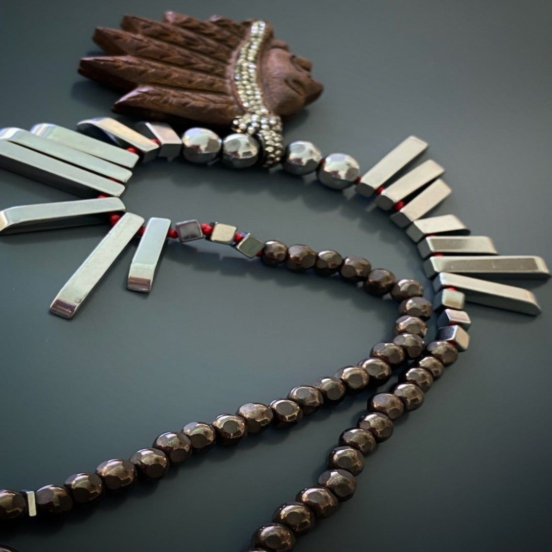 Indian Unique Necklace highlighting the combination of brown and silver hematite stone beads.