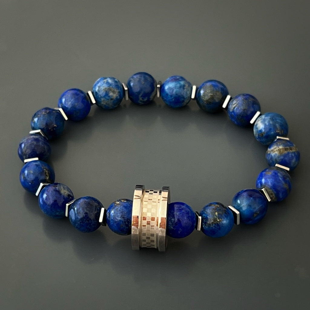Elegant Lapis Lazuli Amor Bracelet with a centerpiece steel Amor bead, symbolizing love and harmony.