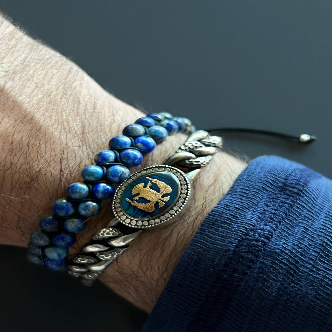Model wearing the Lapis Lazuli Energy Bracelet, showcasing its elegant design and positive energy.