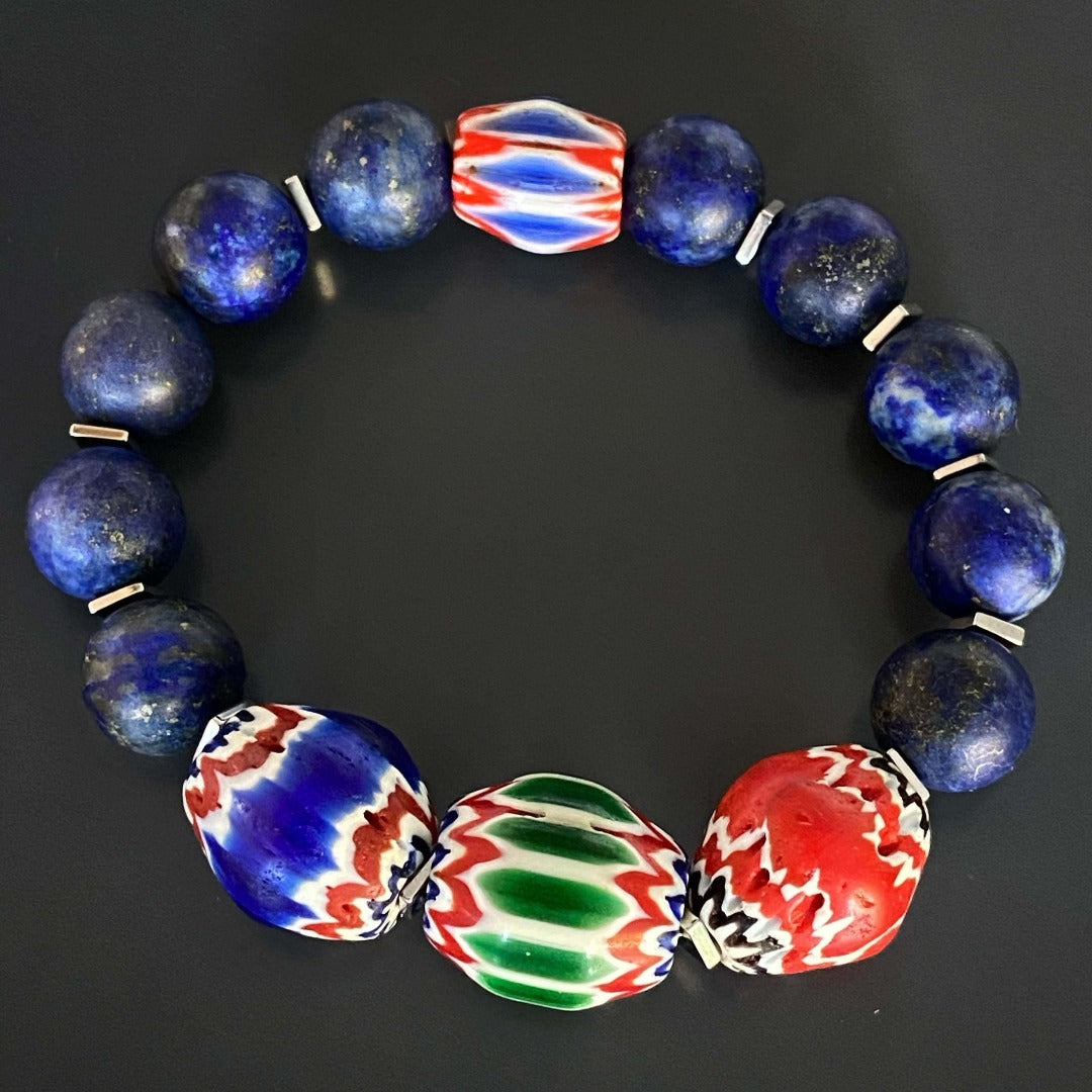 Lapis Lazuli and Nepal beads unite in this stunning handmade bracelet.