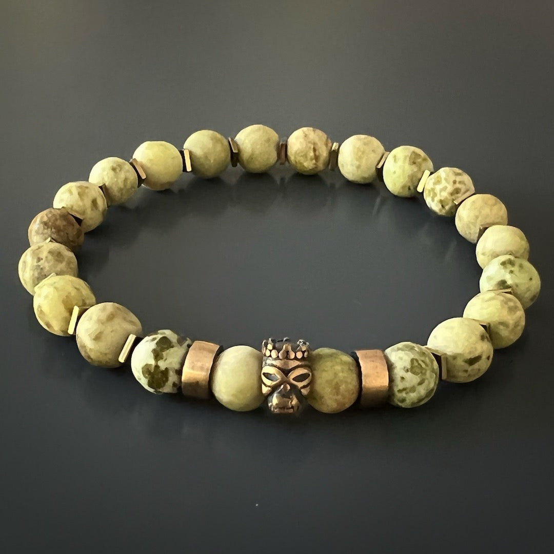 The Lion King Bracelet, a symbol of courage and confidence, showcasing matte Tree Agate stone beads and a stunning Lion King accent bead.