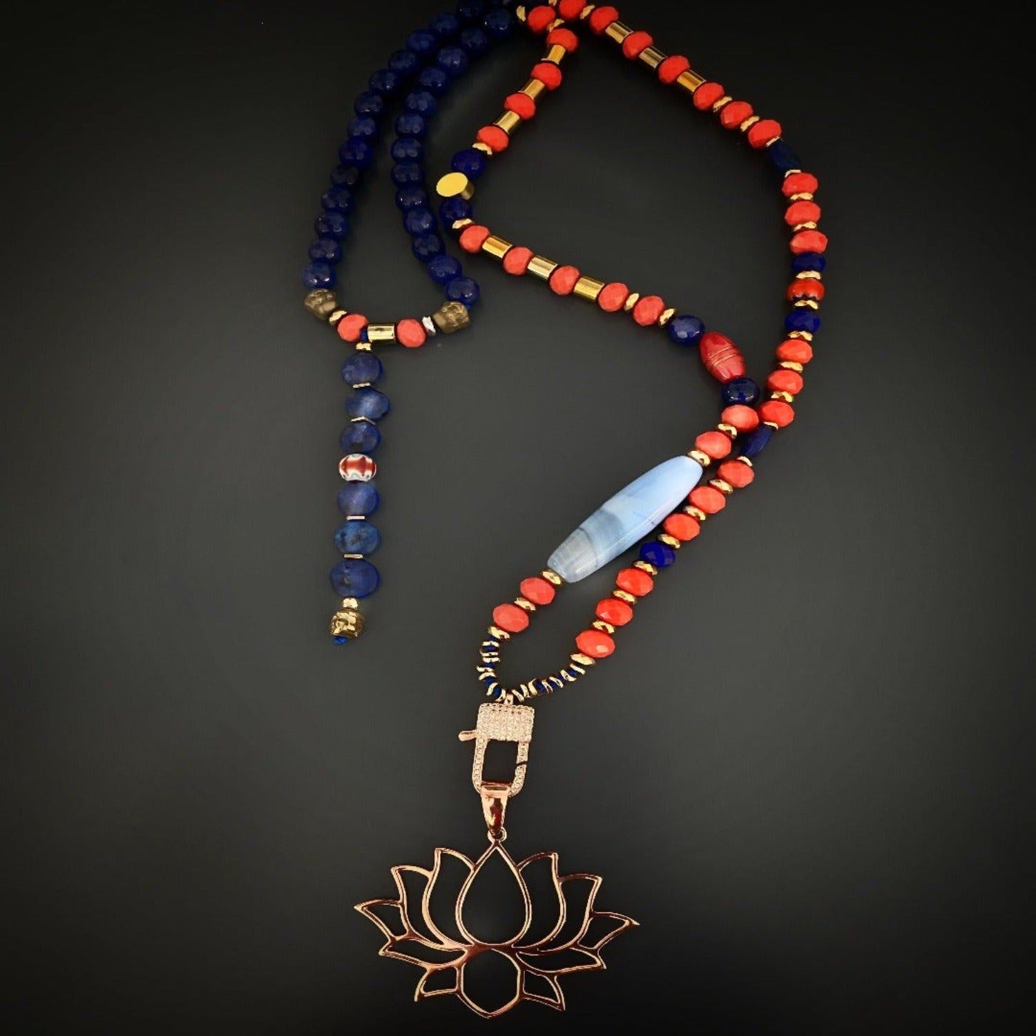 Find inspiration in the Lotus Flower Mandala Necklace, crafted with Lapis Lazuli and Blue Agate beads, symbolizing the journey to enlightenment and self-awareness.