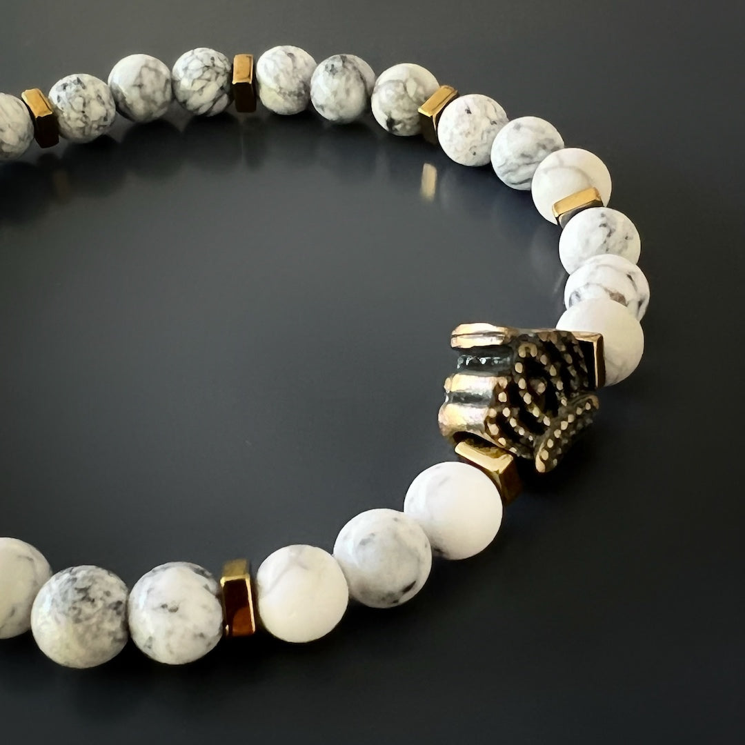 Embrace the regal elegance of the Men&#39;s Spiritual Beaded Bracelet, adorned with a bronze crown accent bead.