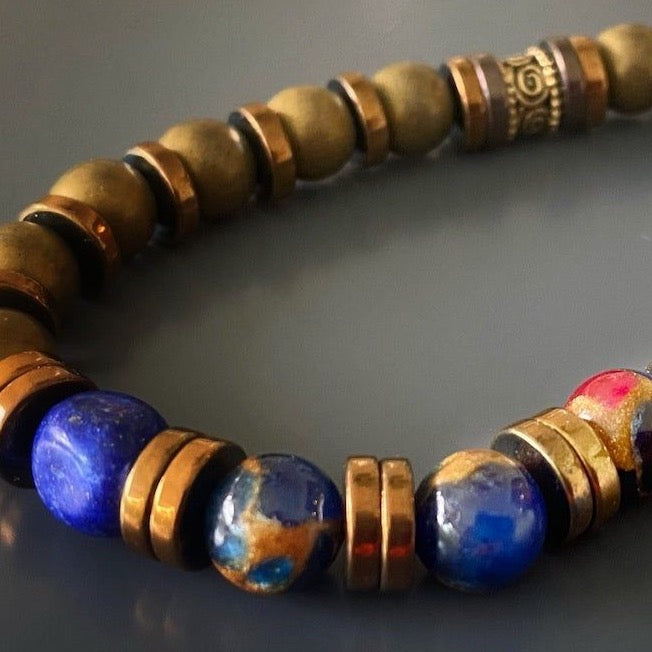 Elevate your style with the Men&#39;s Style Jasper Bracelet, featuring a captivating combination of hematite, lapis lazuli, and jasper stones.