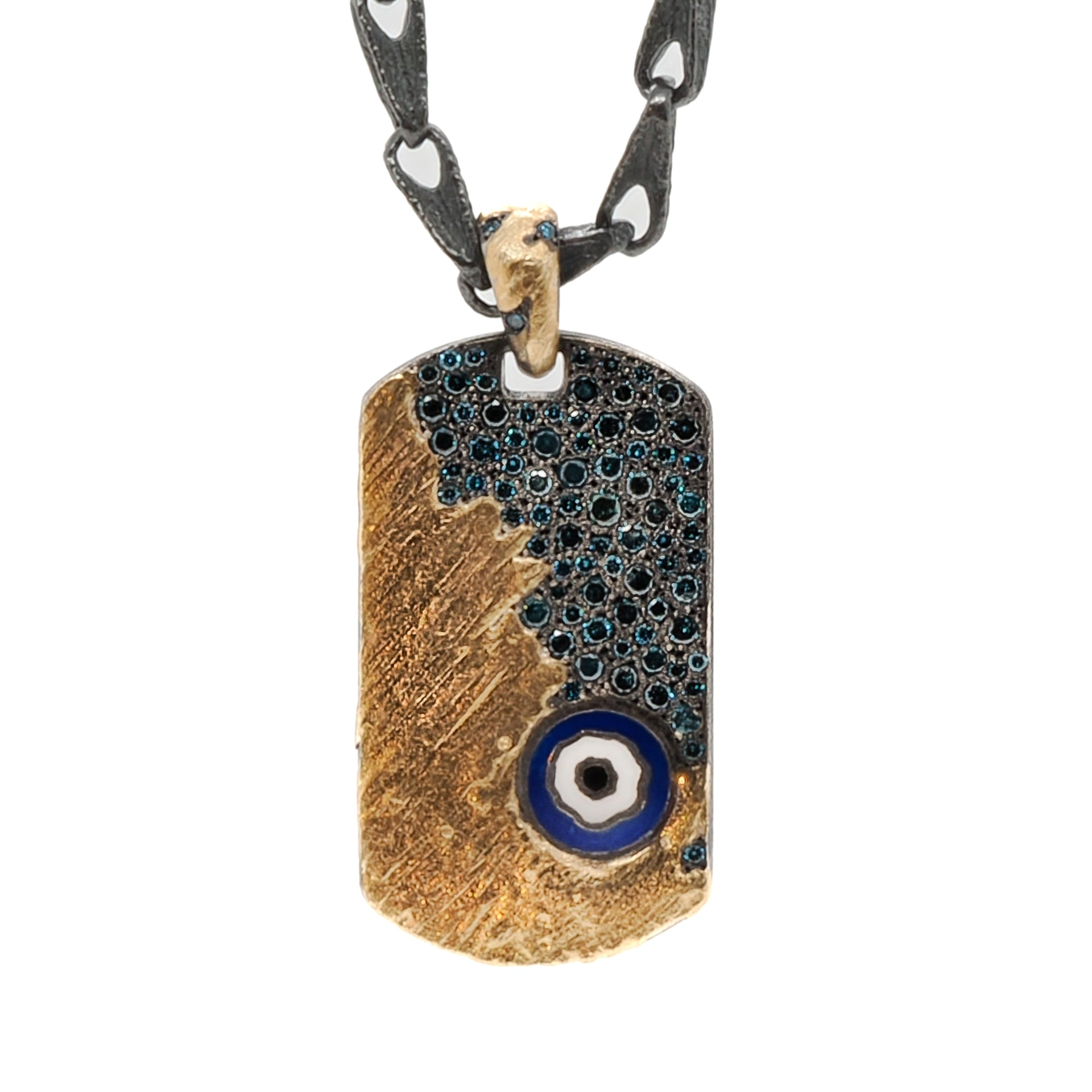 Stylish shot of the Nature Dog Tag Evil Eye Necklace, capturing its elegance and the luxurious touch of the petroleum diamonds.