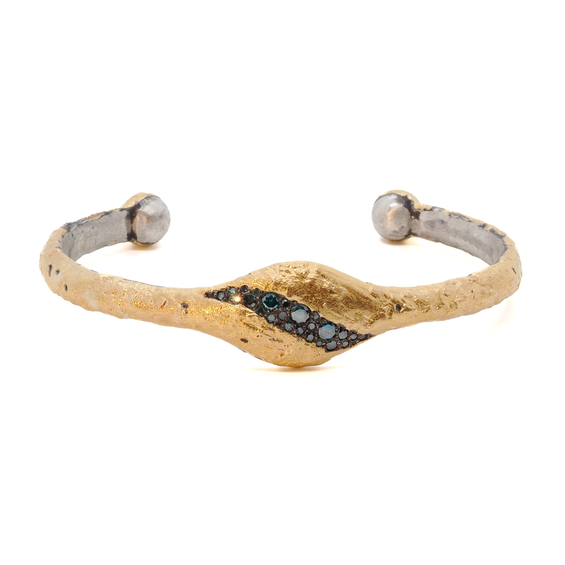 Nature Gold Petroleum Bracelet featuring a unique handmade design crafted with a 21k gold over silver surface and adorned with 2.05 carats of petroleum diamonds.