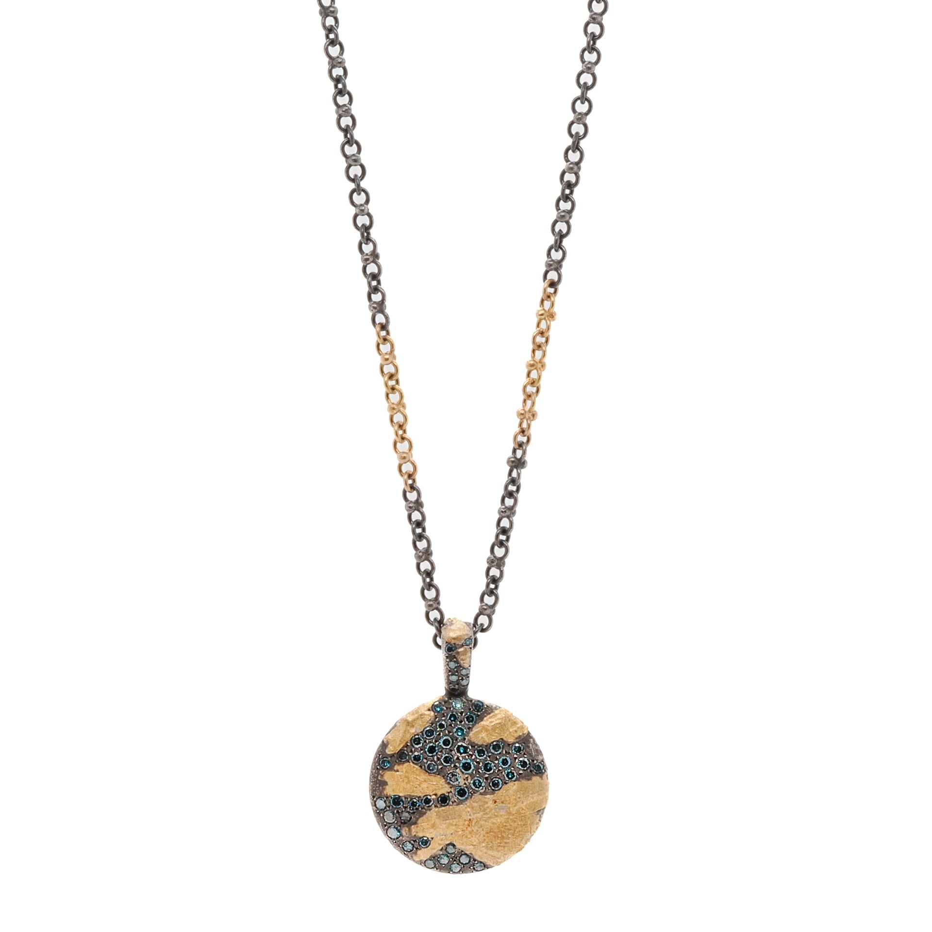 Nature Round Necklace featuring a stunning handmade design crafted with 21k gold over silver surface and adorned with 1.25 carats of petroleum diamonds.