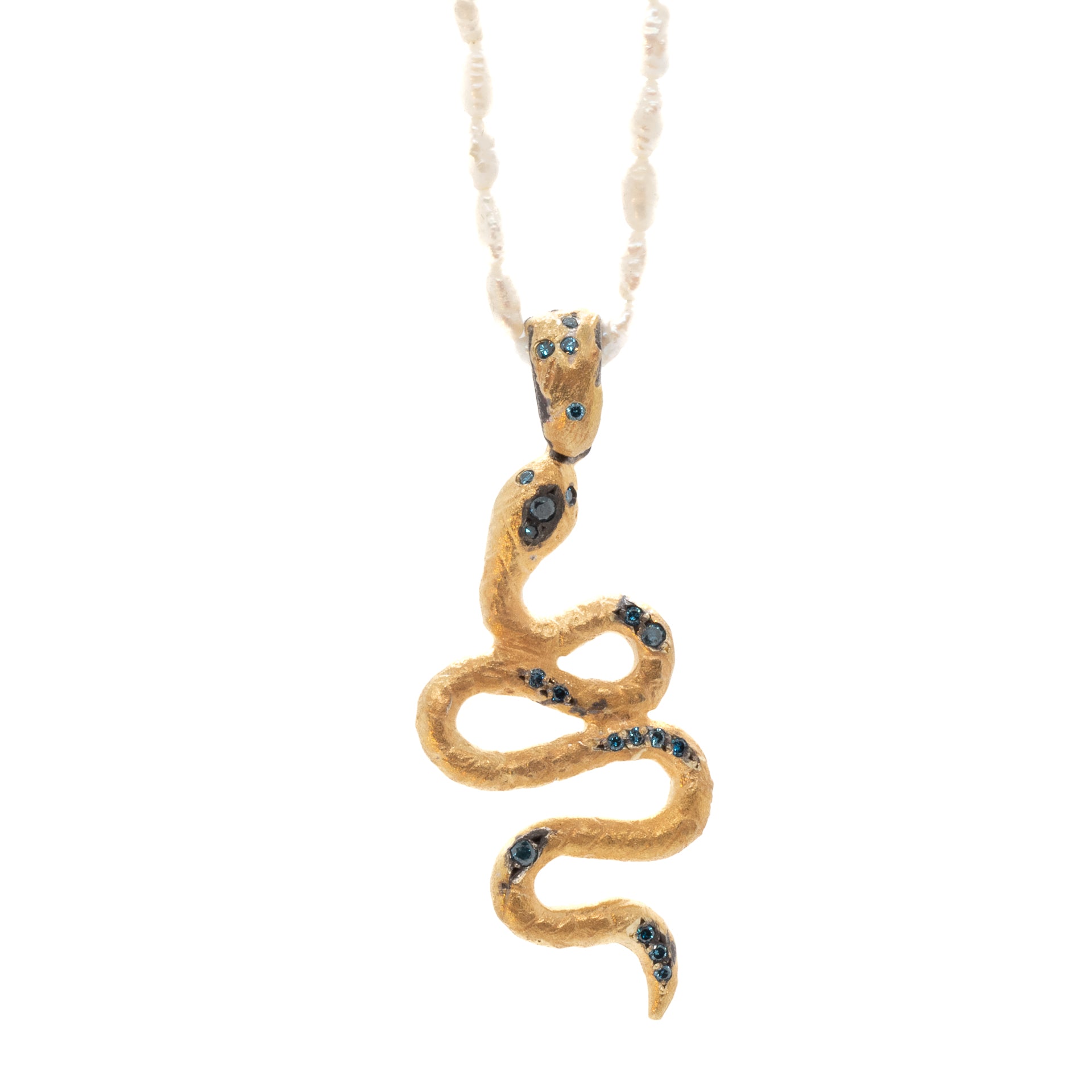 Stylish shot of the Nature Snake Necklace, showcasing the snake pendant and the Mother of Pearl Gemstone chain, creating a statement piece that enhances any outfit.