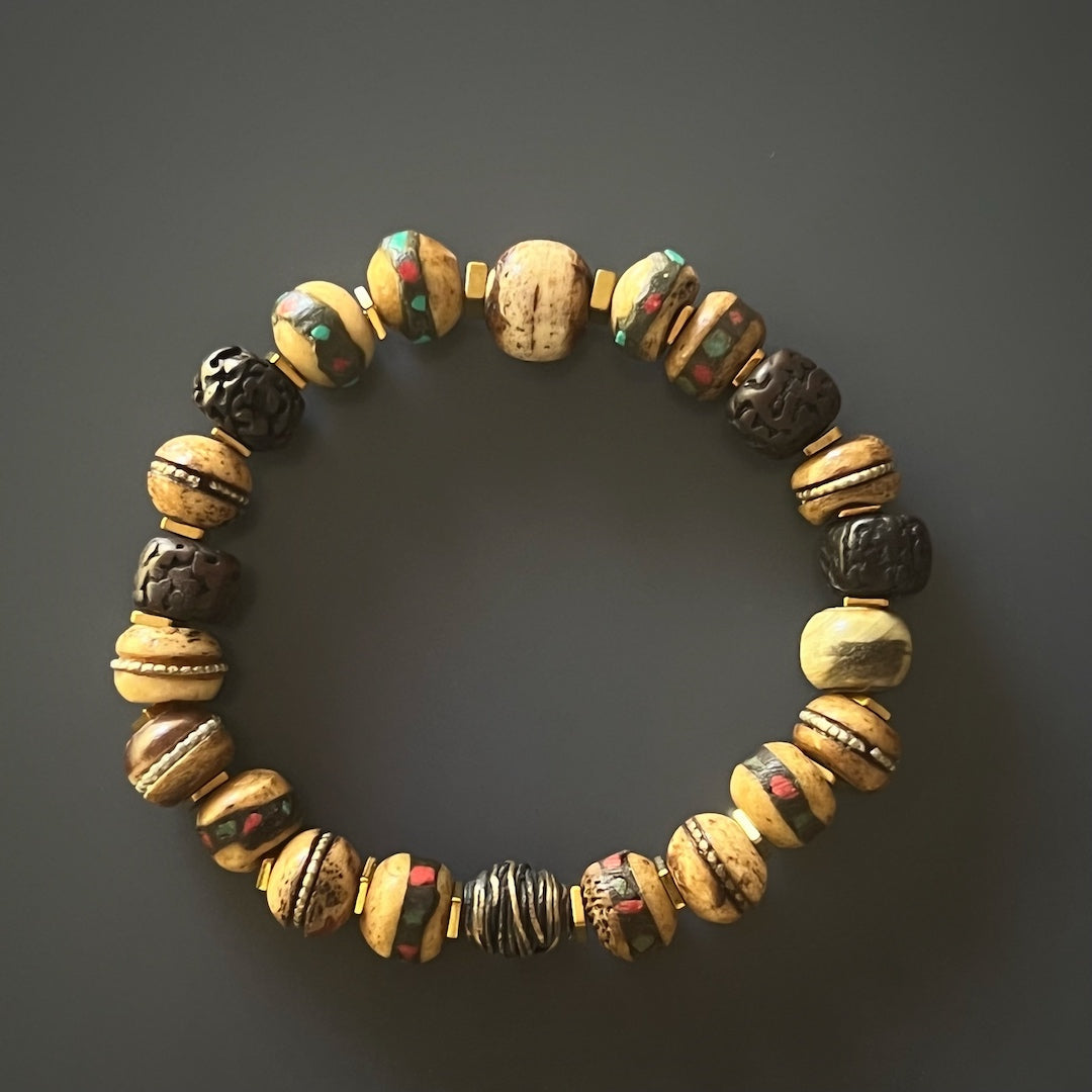 Mystic Allure Bracelet - Nepal Yak Bone Beads with Intricate Inlays