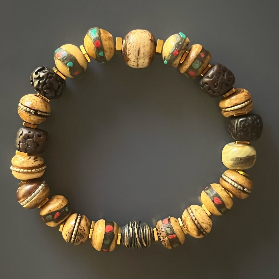 Ancient Wisdom Bracelet - Nepal Inlaid Yak Bone Beads with Seed Beads