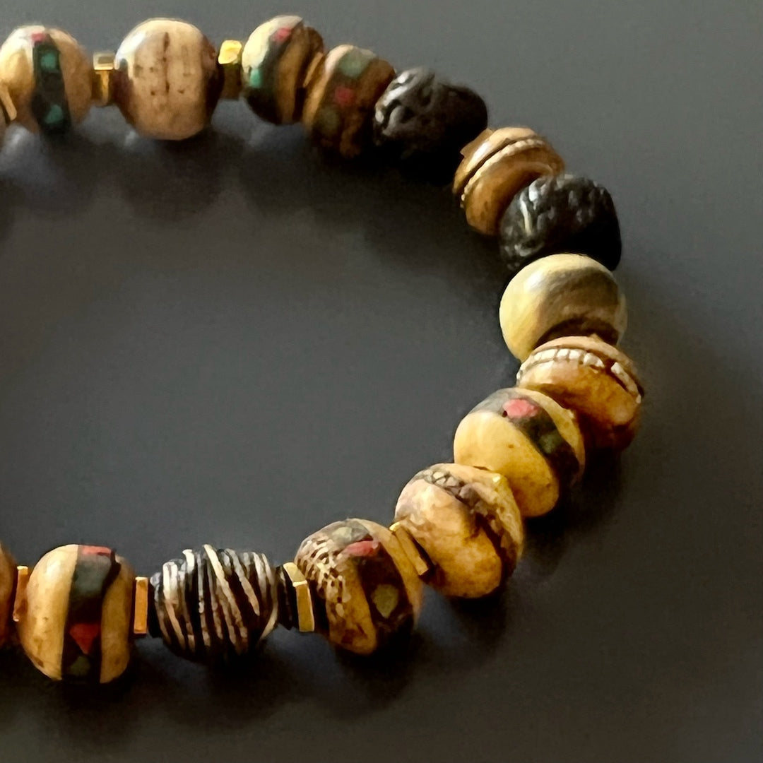 Unique Spiritual Bracelet - Nepal Inlaid Beads and Yak Bone Beads