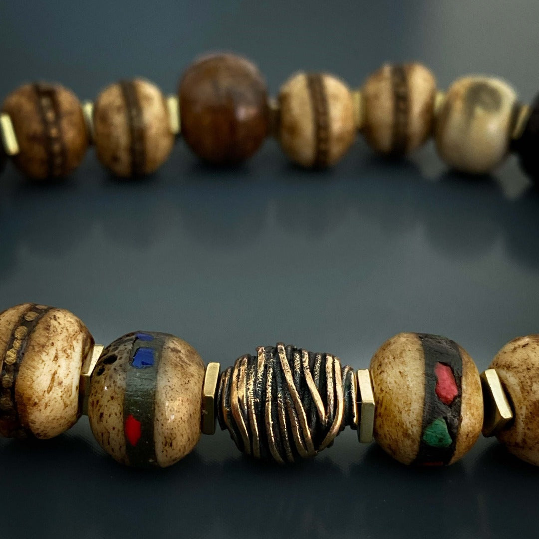 Introspective Jewelry - Nepal Seed Beads and Inlaid Yak Bone Bracelet