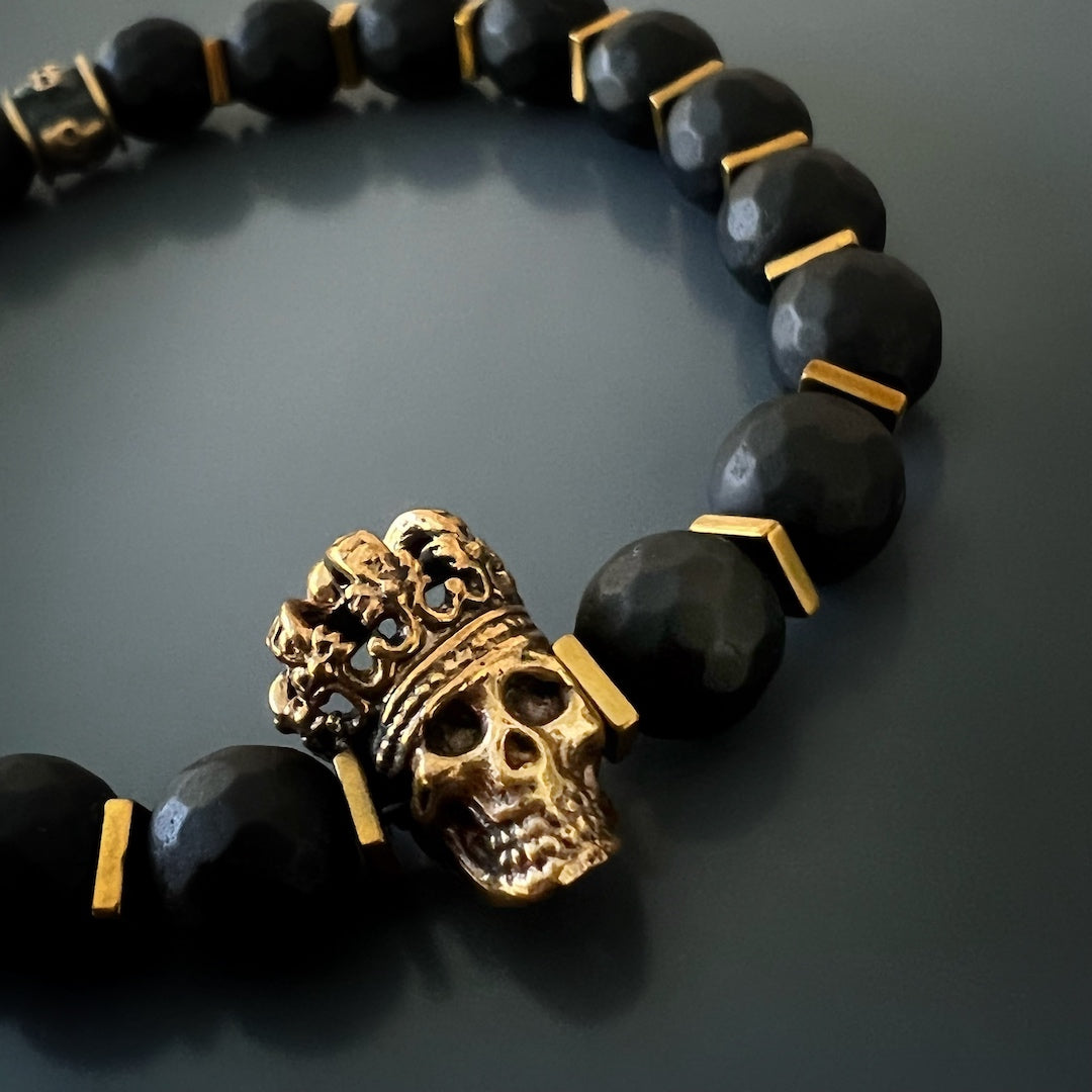 Black Leather Yellow Gold Twins Skull Bracelet 18kt Plated Gold -  Gemelloluxe