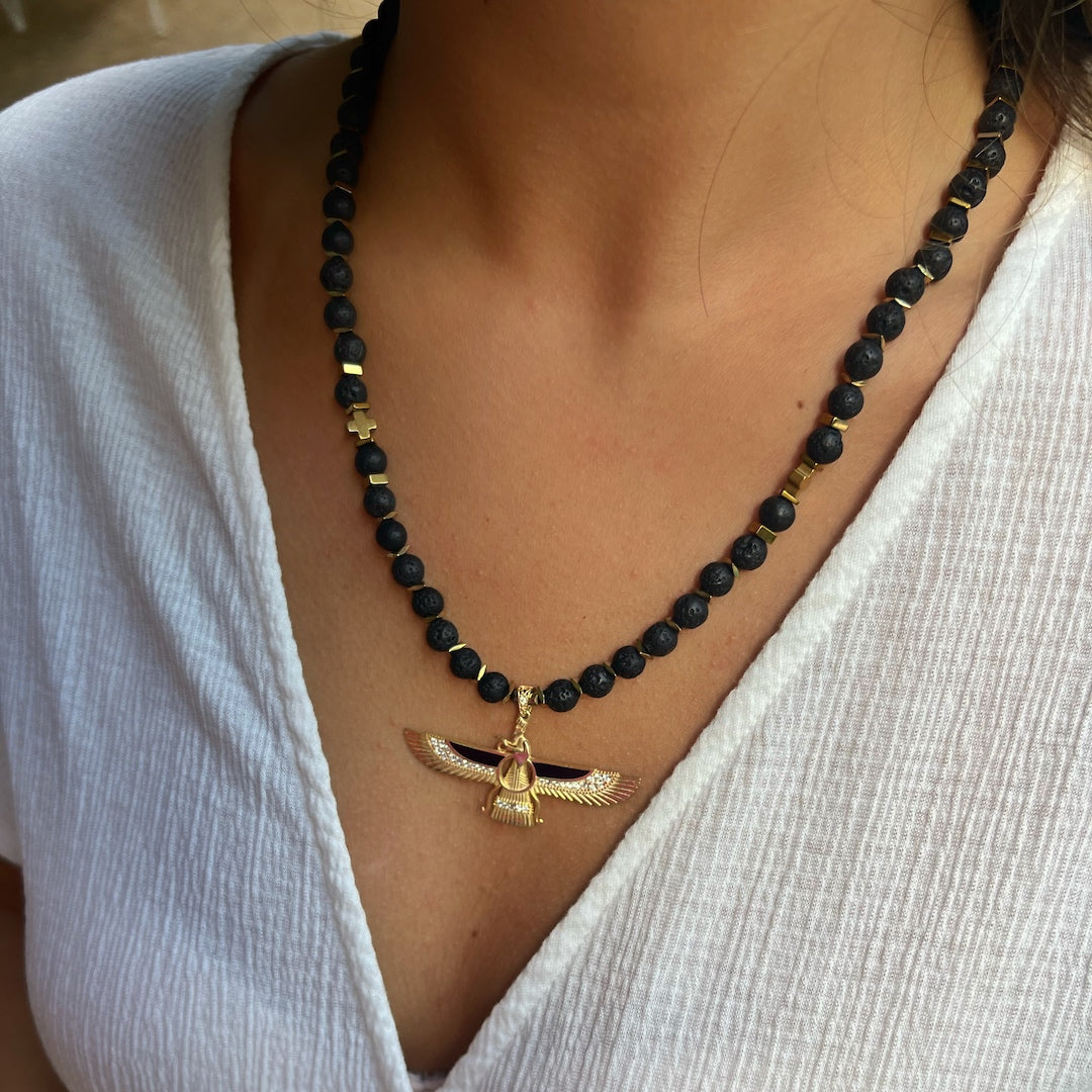 Embrace the divine with the Faravahar Necklace - Model radiating positive energy.