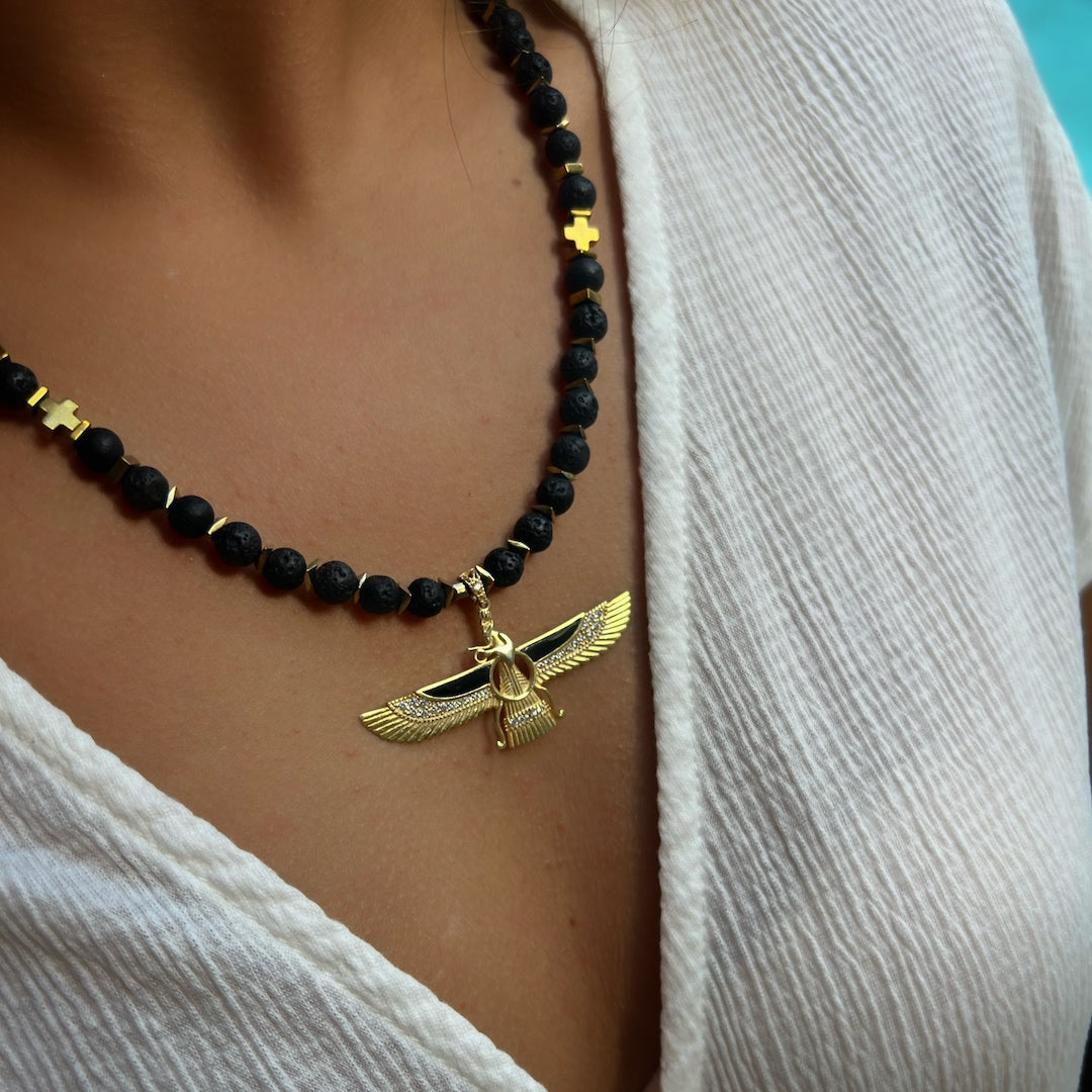 Enhance your look with the Faravahar Necklace - Model showcasing the unique energy of this piece.