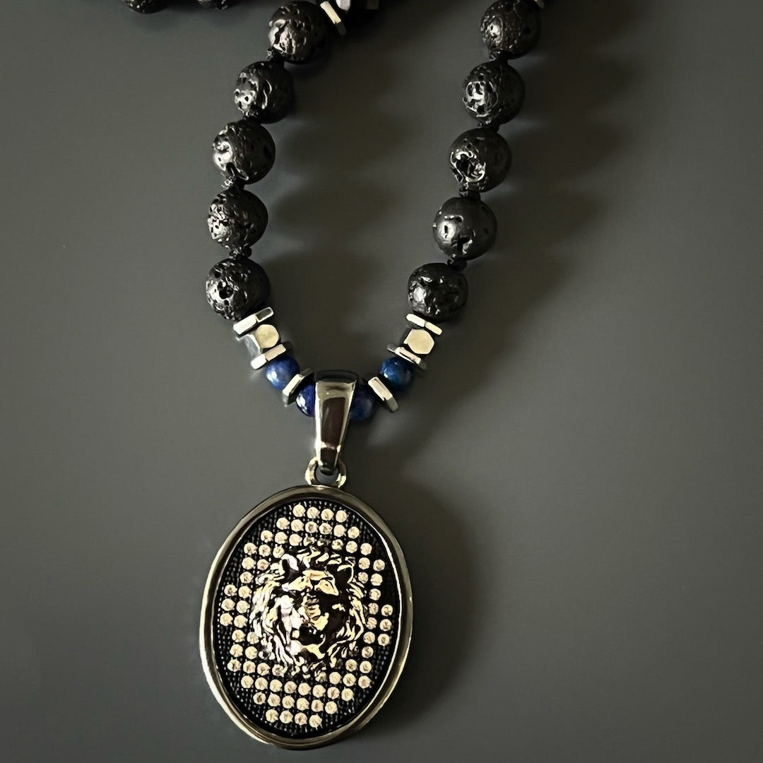 Simple Yet Bold Style - Handmade Men&#39;s Necklace with Lava Rock Beads.