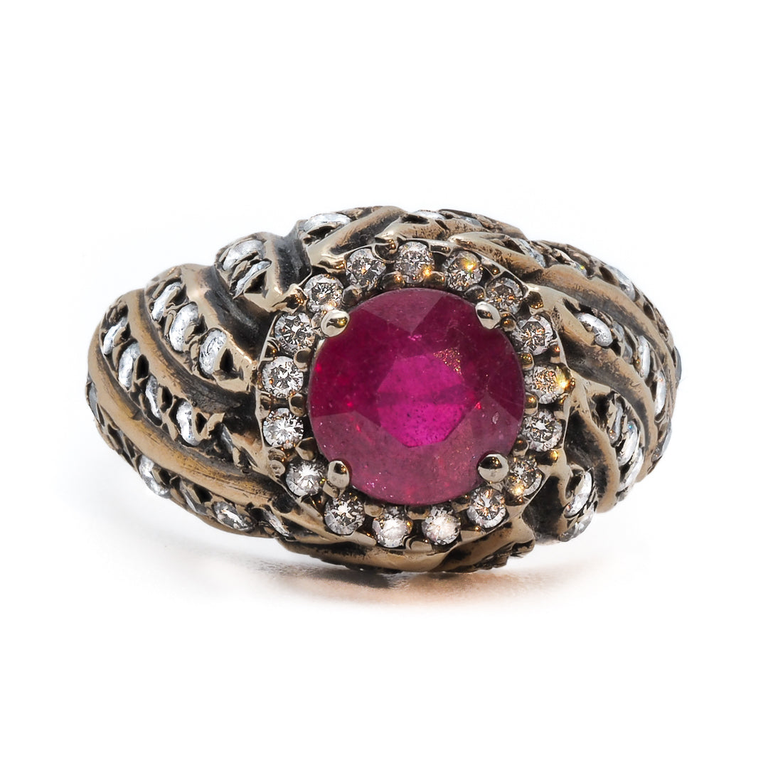 Round Spiral Ruby Ring - Handcrafted with 14k Yellow Gold and Natural Rubies.