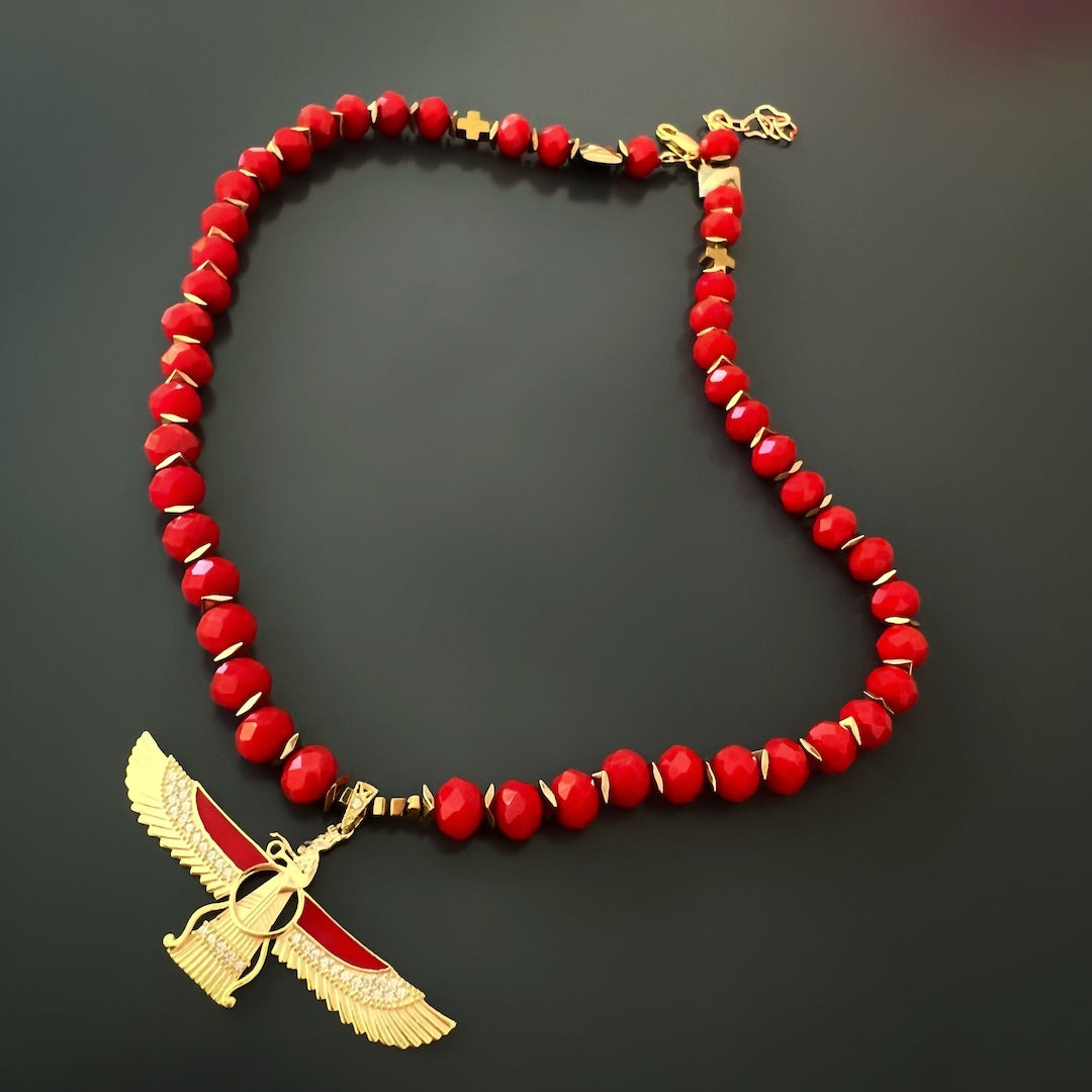Divine Protection Faravahar Symbol Pendant Red Beaded Necklace