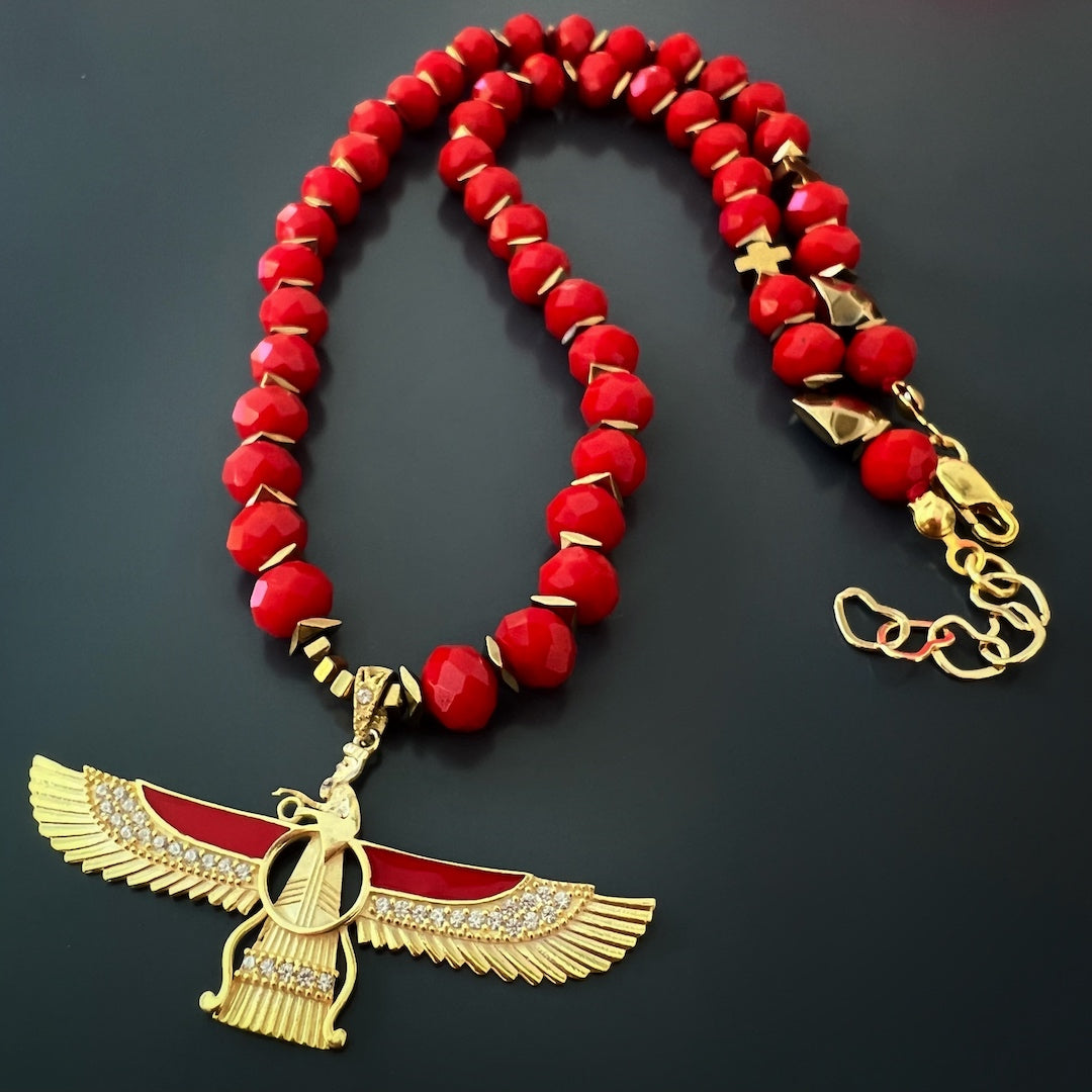 Stylish Energy - The Red Crystal Faravahar Necklace with Symbolic Pendant.